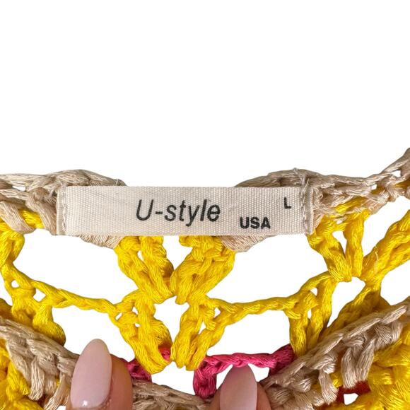 U-Style Bright Multicolor Sleeveless Open Crochet Relaxed Coverup Festival Top - Picture 9 of 10